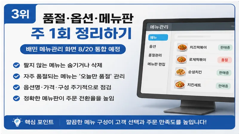 품절과 옵션을 정리한 배달앱 메뉴판