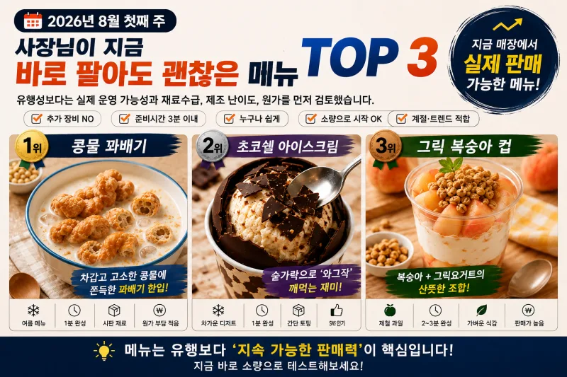 2026년 8월 첫째 주 SNS 유행음식 TOP3 — 장비 없이 팔아볼 만한 메뉴