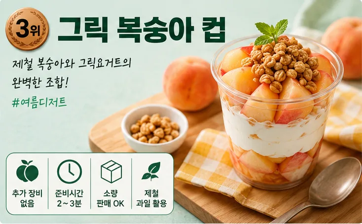 3위 그릭 복숭아 컵 - 제철 복숭아와 그릭요거트 조합. 추가 장비 없음, 준비시간 2~3분, 제철 과일 활용