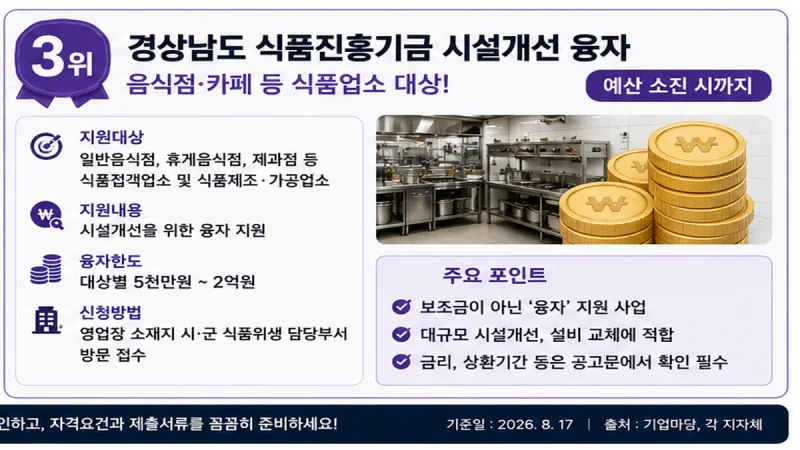 경남 식품진흥기금 시설개선 융자, 5천만원에서 2억원