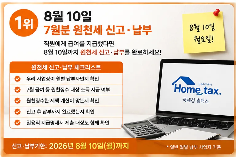 7월분 원천세 신고·납부 기한 8월 10일